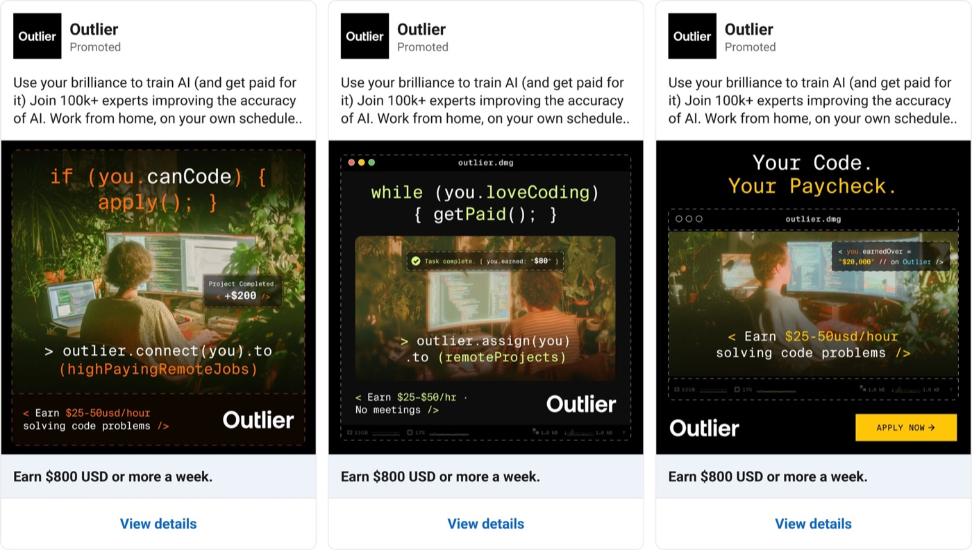 Scale AI Outlier ad design system — three code-themed ad creatives
