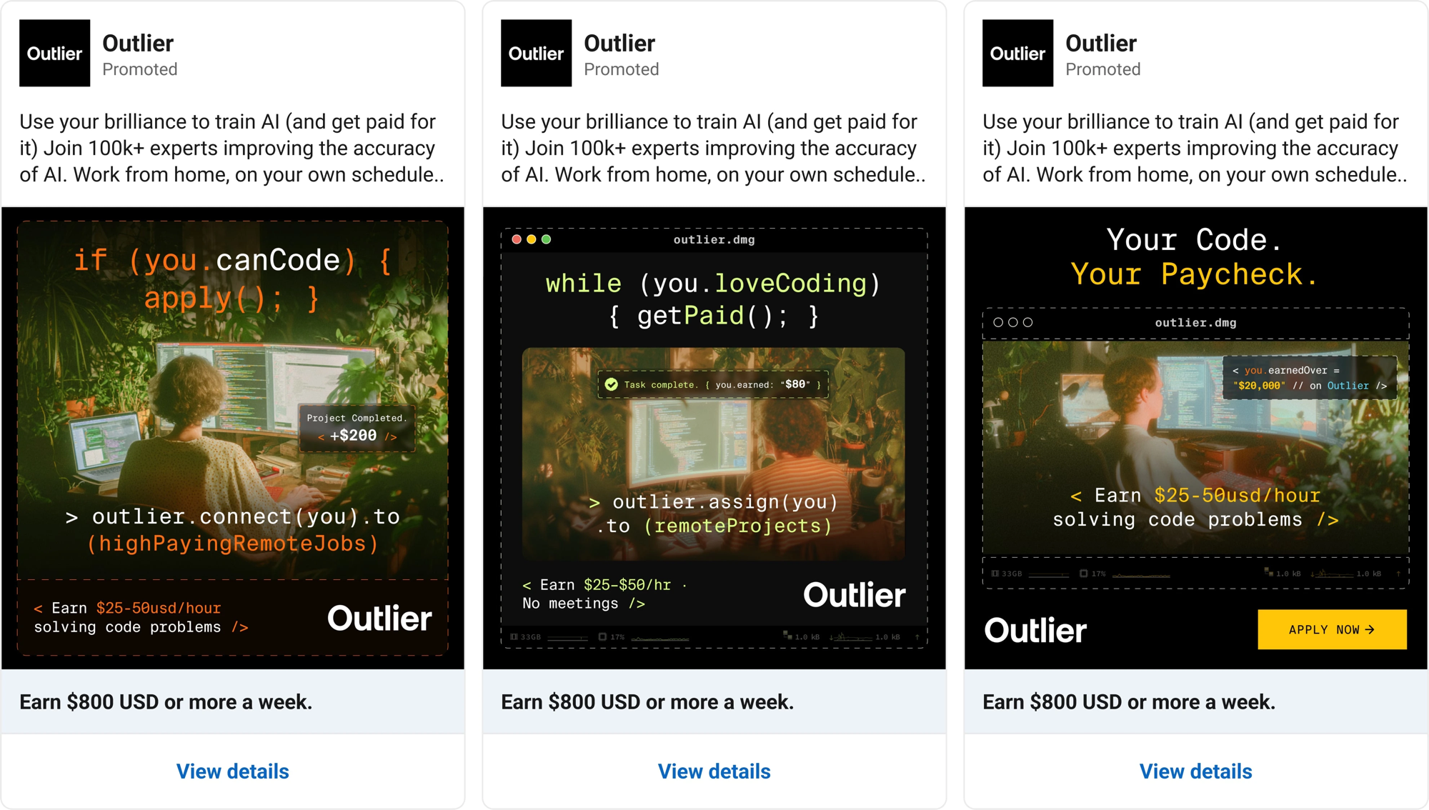 Scale AI Outlier ad design system — three code-themed ad creatives